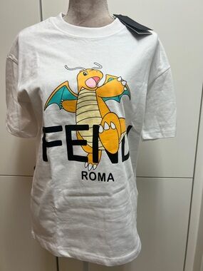 Fendi Roma Dragon Graphic Tee in White with Yellow & Teal Print